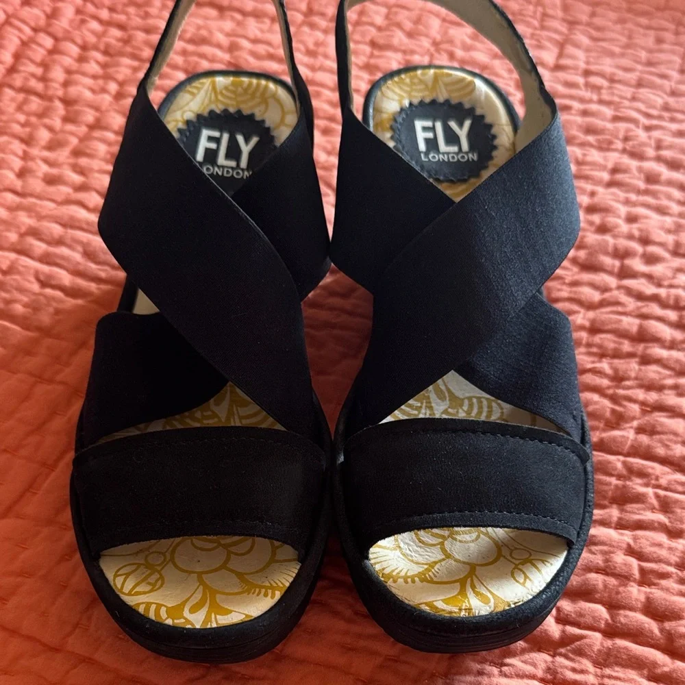 Fly London Black Wedge Sandals - Picture 9 of 9
